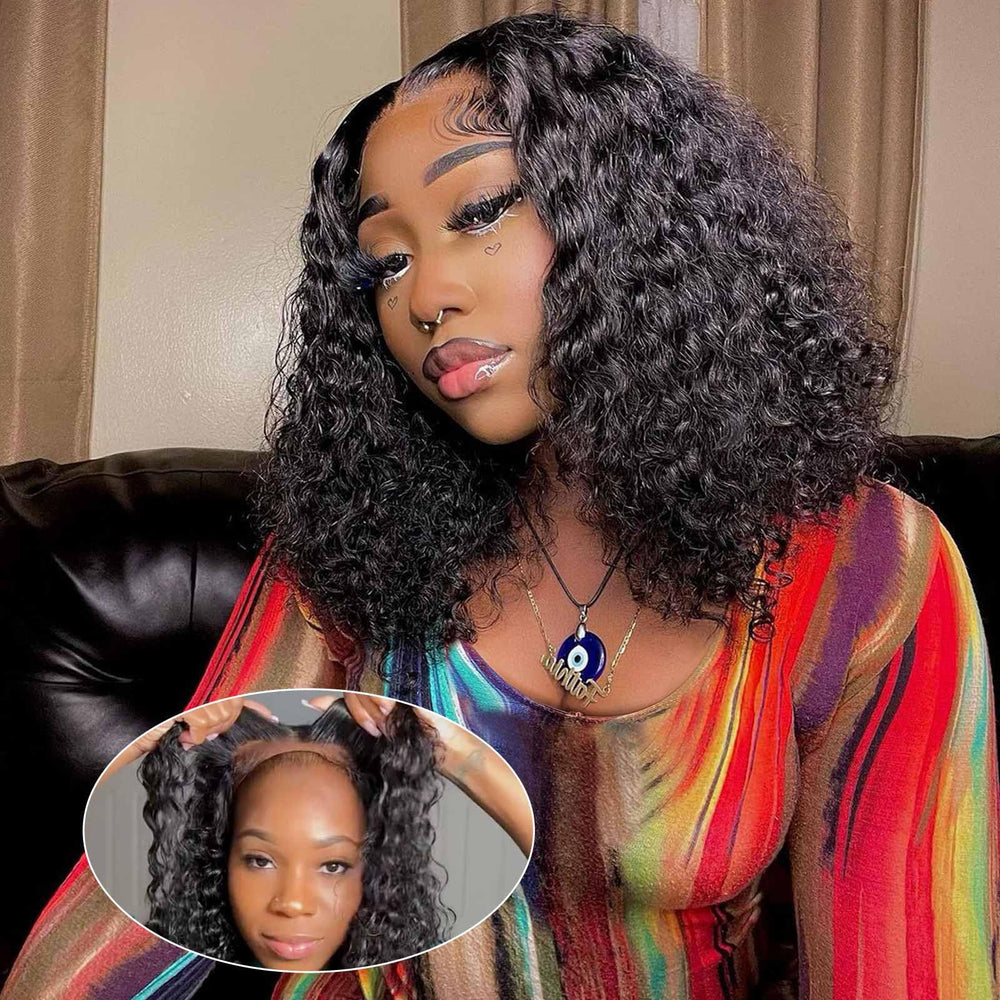 Omswet curly bob wig with 14-inch closure shows natural hairline and full volume.