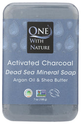 One With Nature actvd charcoal soap bar on sink, inviting daily cleanse