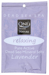 One With Nature Dead Sea salts in lavender bath tub for relaxing bath and skin balance.