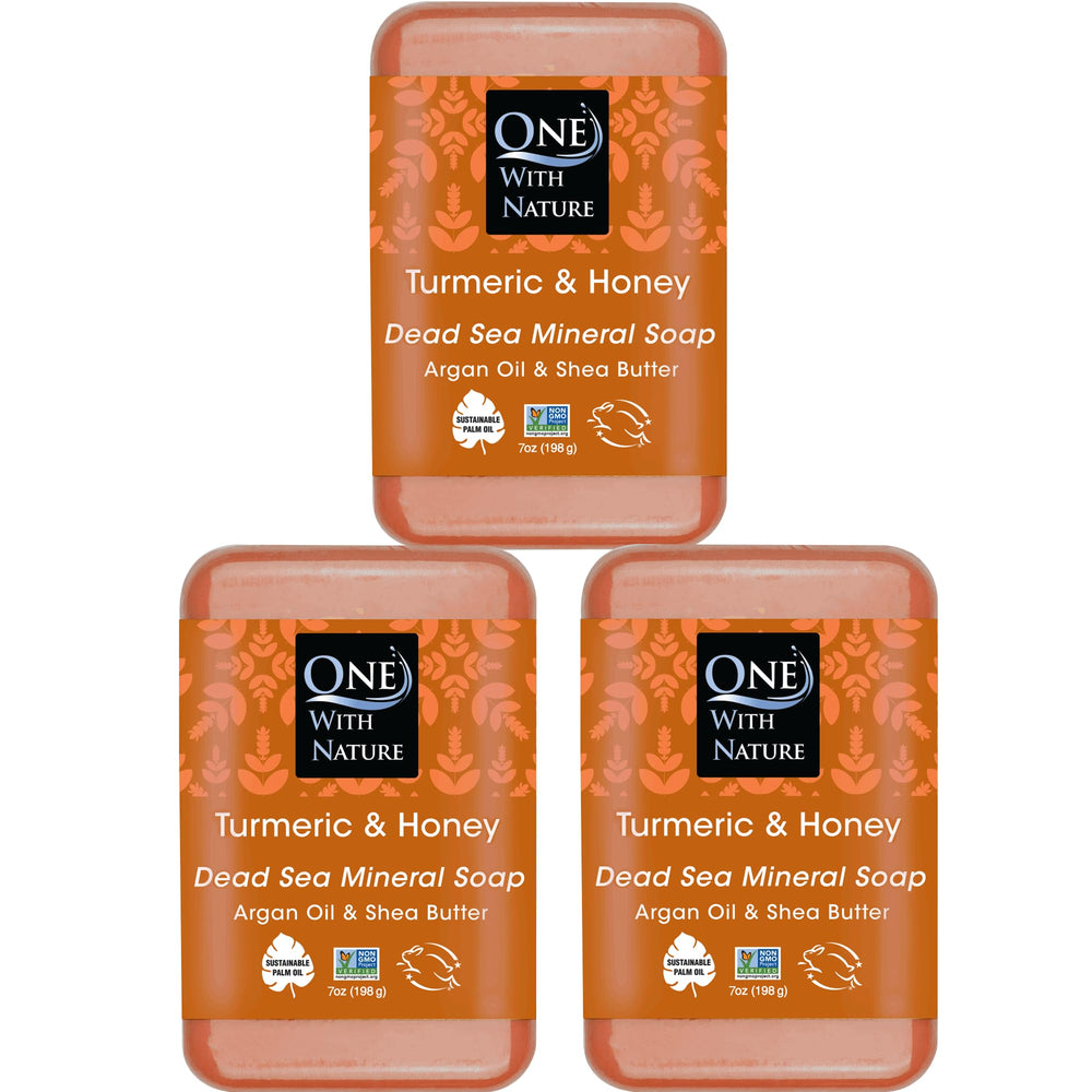 One With Nature Jabon Sal del Mar Muerto Cúrcuma, pack de 3, purifica piel.