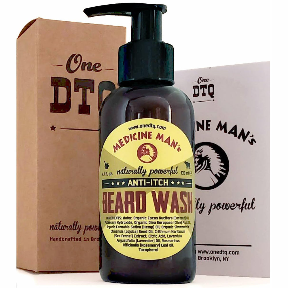OneDTQ Beard Wash bottle front showcases natural formula for itchy beards