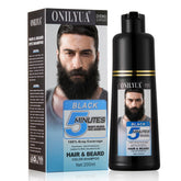 Onilyua beard dye shampoo bottle showing rich black color for natural gray coverage