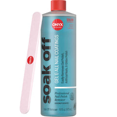 Removedor de esmalte Onyx Professional con aroma a coco en botella, elimina esmalte con aroma agradable.