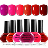OpenLive collection of six rose red nail polishes for versatile manicures.