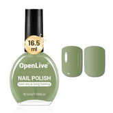 OpenLive sage green nail polish bottle closeup, quick-dry formula for home manicure.
