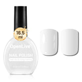 OpenLive white nail polish bottle showing 16.5ml capacity and enduring color.