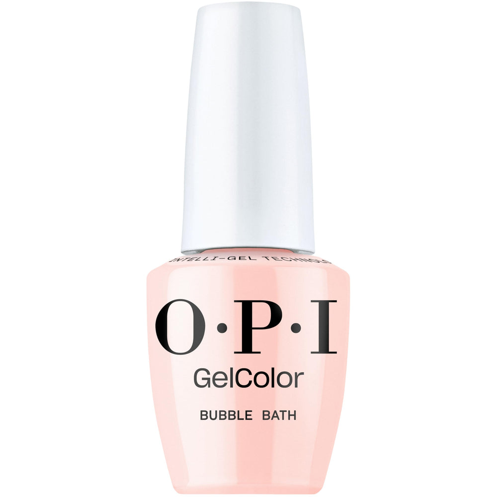 OPI GelColor Bubble Bath bottle close-up showing sheer pink gloss and lasting shine