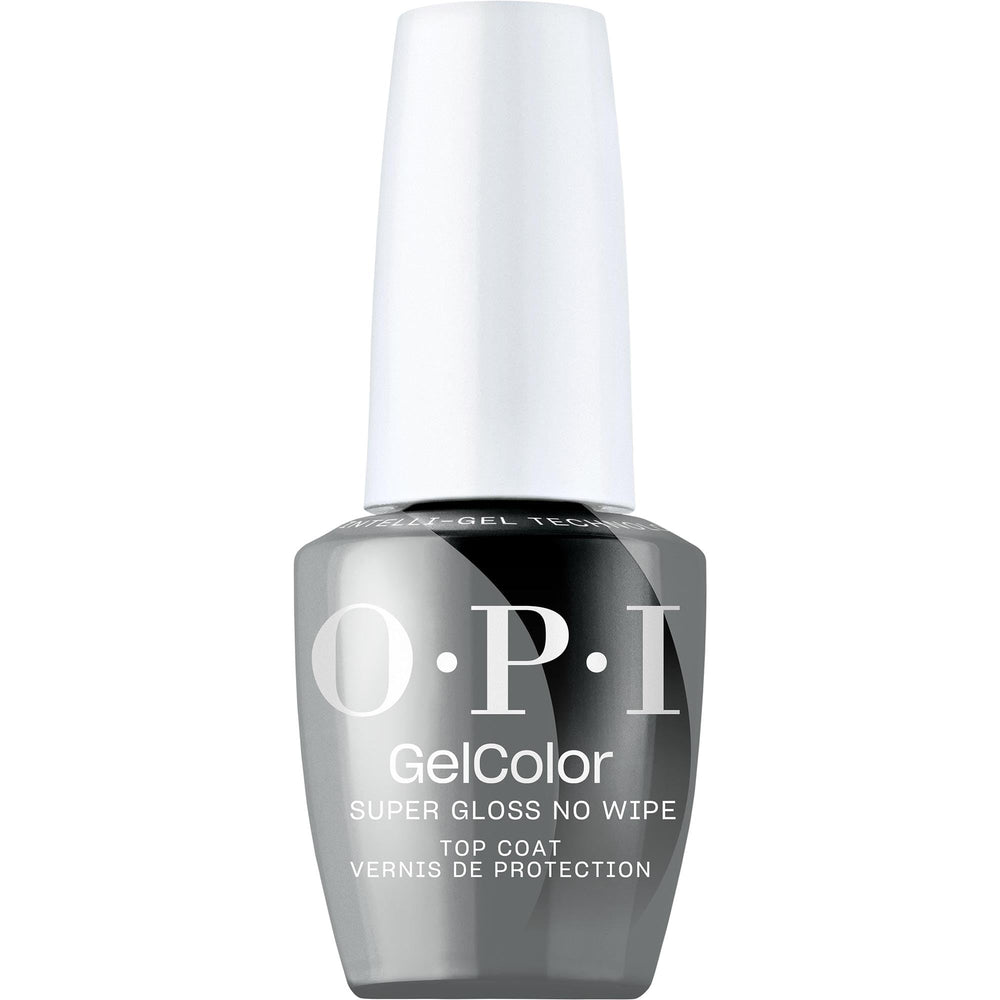 OPI GelColor No-Wipe Top Coat bottle delivering ultra-high shine and long-lasting protection.