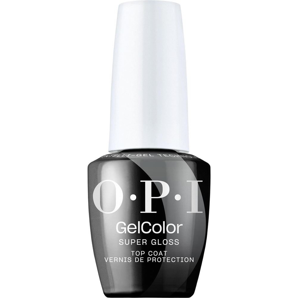 OPI GelColor Super Gloss Top Coat bottle close-up showing long-lasting, brilliant shine