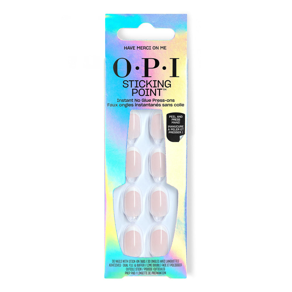 OPI Have Merci on Me French-tip nails with built-in adhesive tabs for mess-free wear.