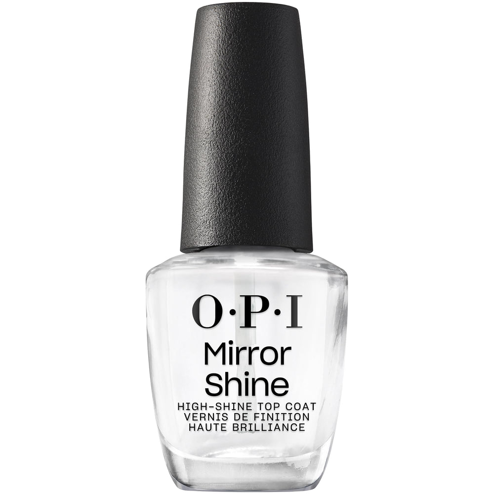 OPI Mirror Shine Top Coat: botella mostrando brillo intenso y protección del color.