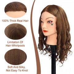 Opini brown-haired mannequin head shows 22–24 inch overall length for long-hair techniques.