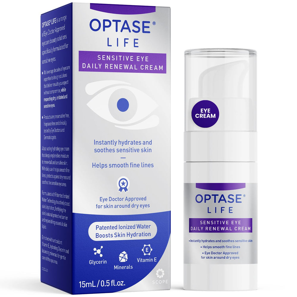 Optase LIFE crema hidratante para contorno de ojos, hidratación suave para piel sensible.