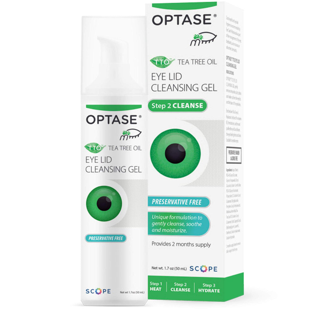 Optase TTO Eyelid Cleansing Gel bottle pour demonstrates simple daily cleansing with tea tree oil.