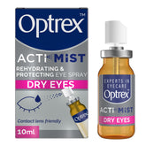 Optrex ActiMist bottle close-up showing dual action relief for dry eyes