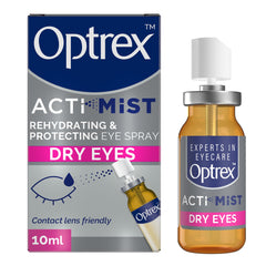 Optrex ActiMist bottle close-up showing dual action relief for dry eyes
