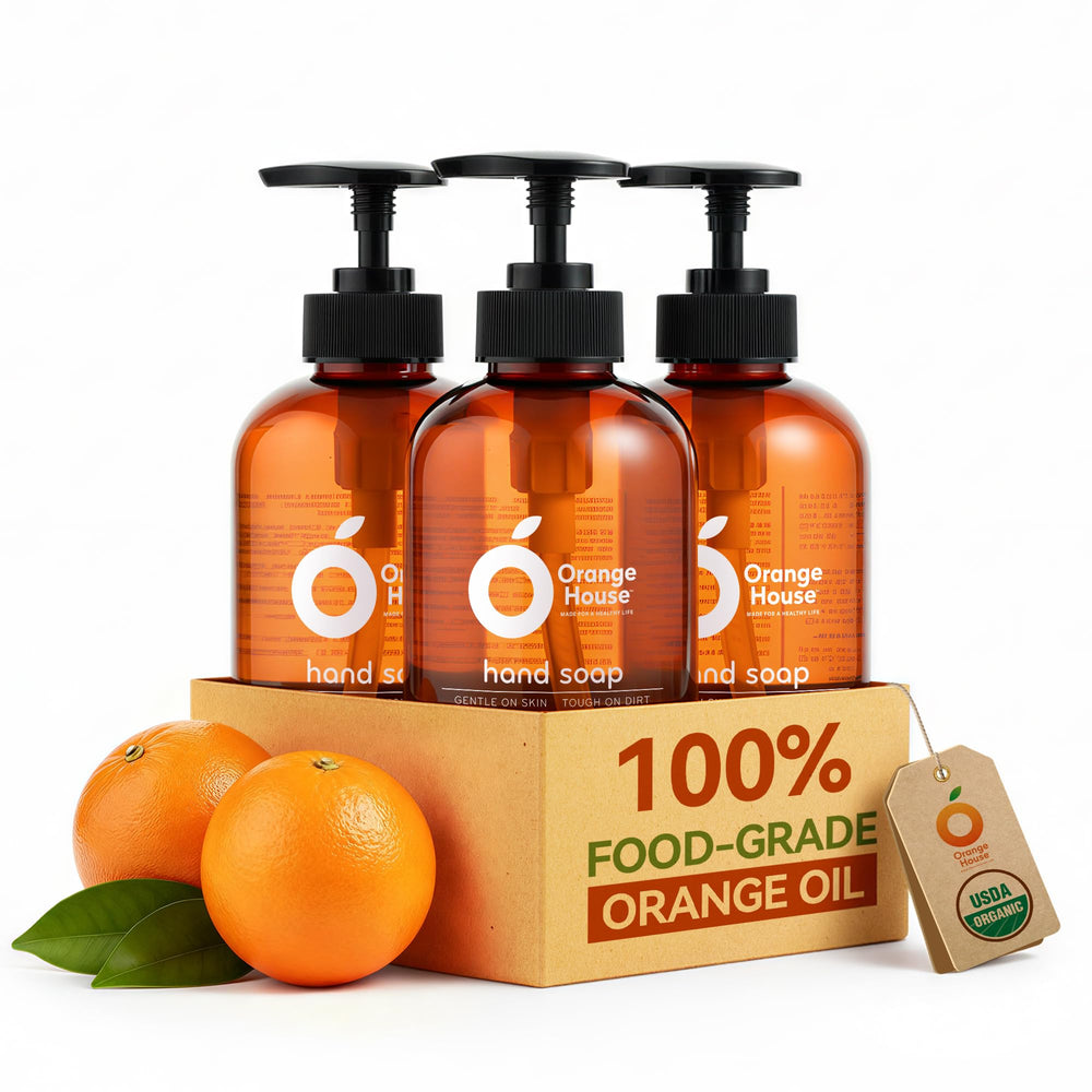 Orange House liquid hand soap three-pack front view shows bright citrus packaging
