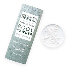 Ora's Amazing Herbal polvo corporal sin fragancia, ideal para piel sensible.