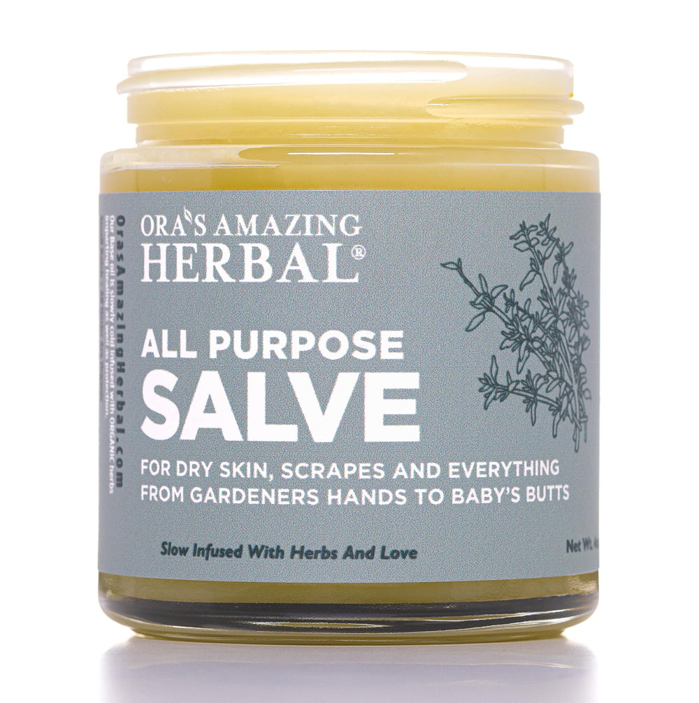 Ora's Amazing Herbal salve jar closeup for eco-friendly skincare.