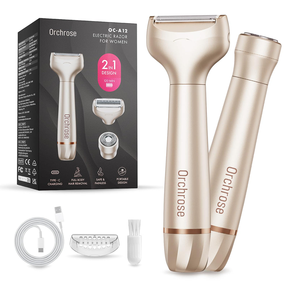 Orchrose electric razor with rotary head for precise bikini and facial grooming.