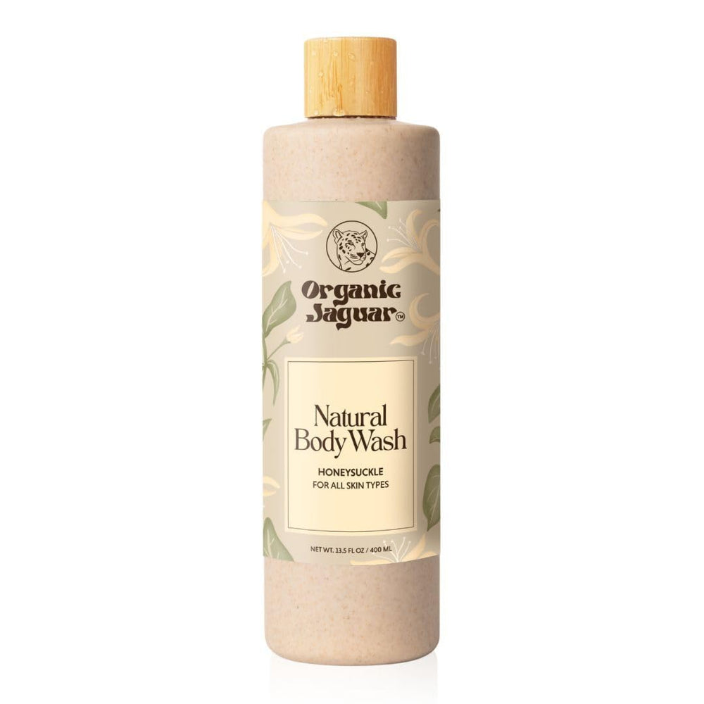 Organic Jaguar Honeysuckle Body Wash bottle front, unscented formula for gentle cleansing