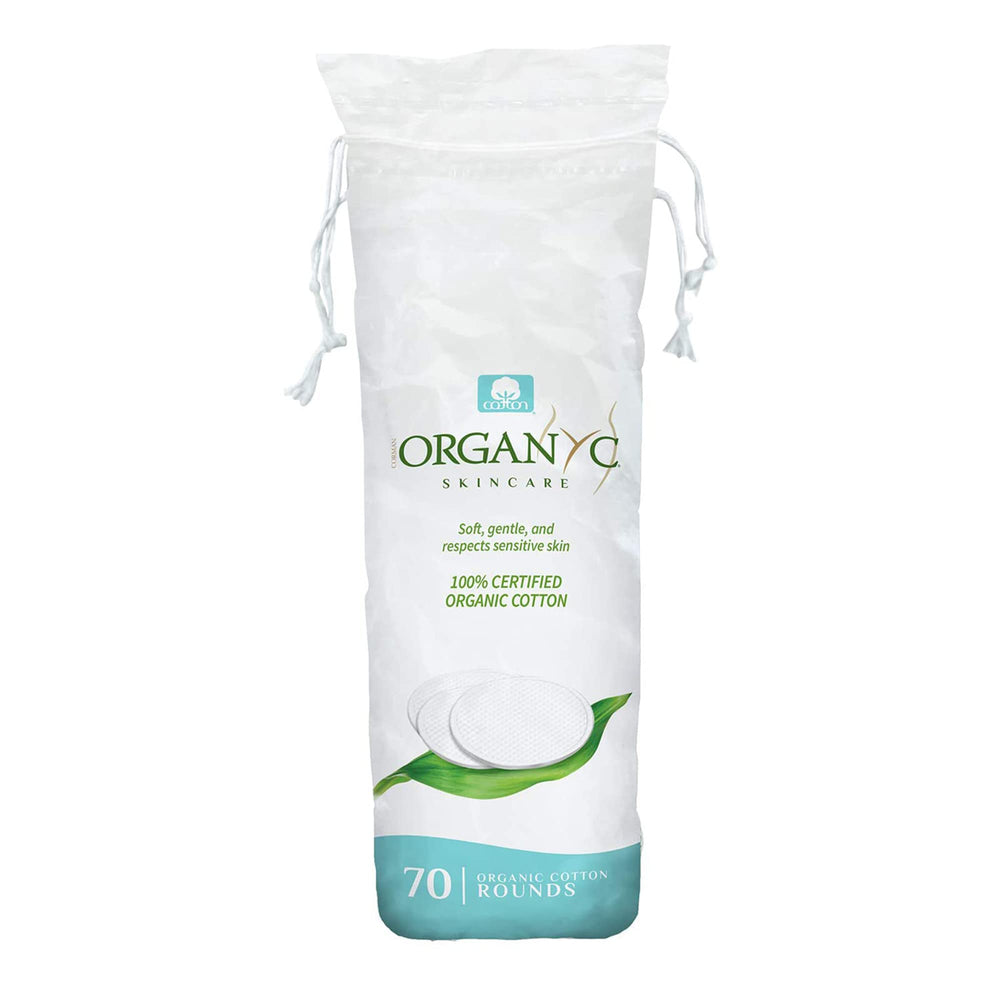Organyc 100% organic cotton rounds in recyclable packaging for eco-friendly use.