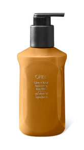 Oribe Côte d’Azur replenishing body wash bottle pour demonstrates rich lather for daily cleansing.