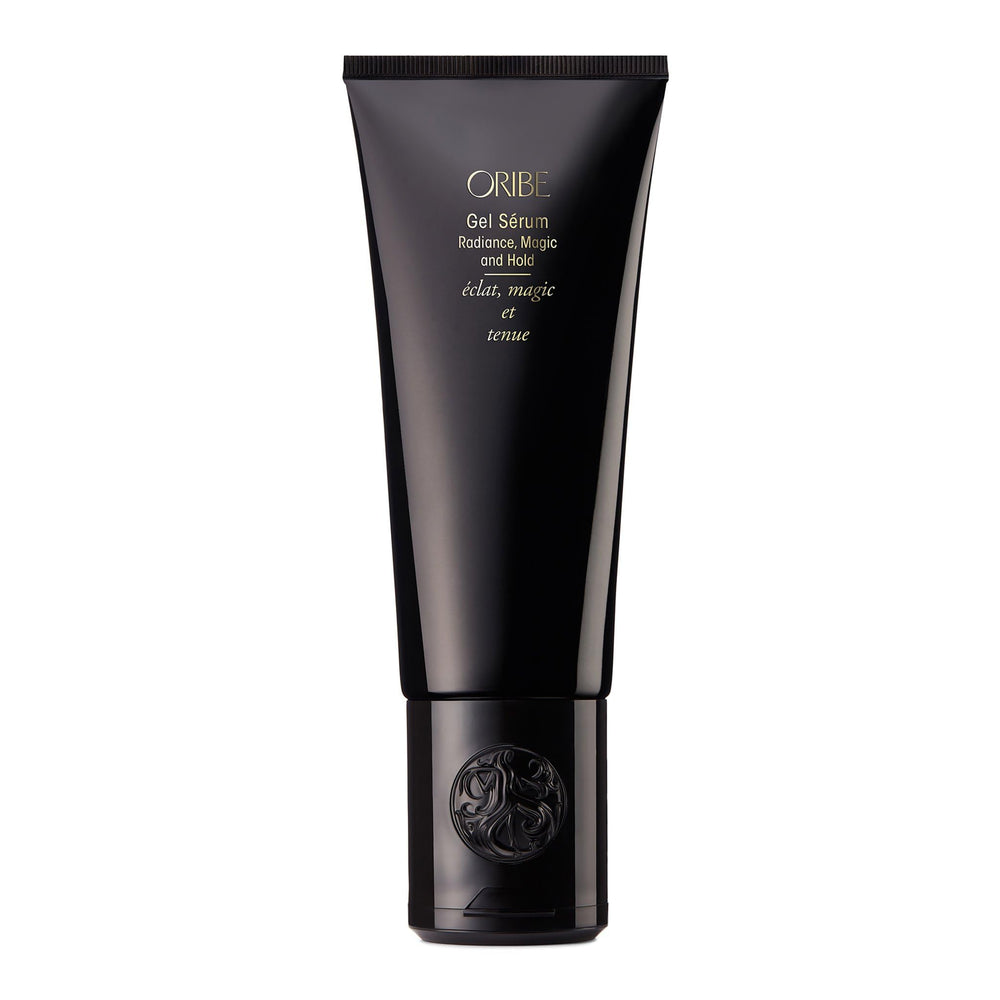 Oribe Gel Radiance Magic and Hold Serum bottle showing shine and flexible hold.
