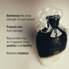 Oribe Gold Lust Shampoo bottle closeup, showcasing premium formula and texture