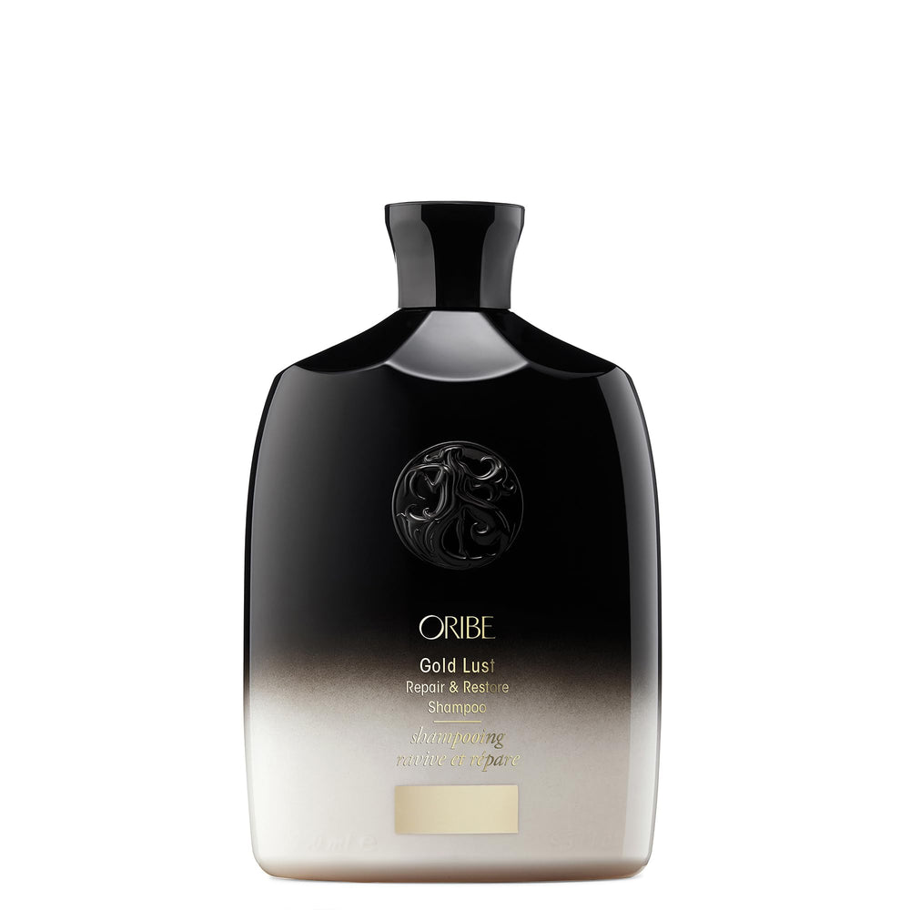 Oribe Gold Lust Shampoo bottle pour, highlighting cleansing and scalp balance for hair care