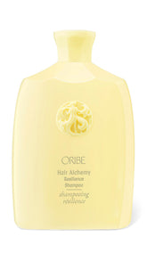 Oribe Hair Alchemy Resilience Shampoo bottle highlights premium design for strengthening fragile hair.