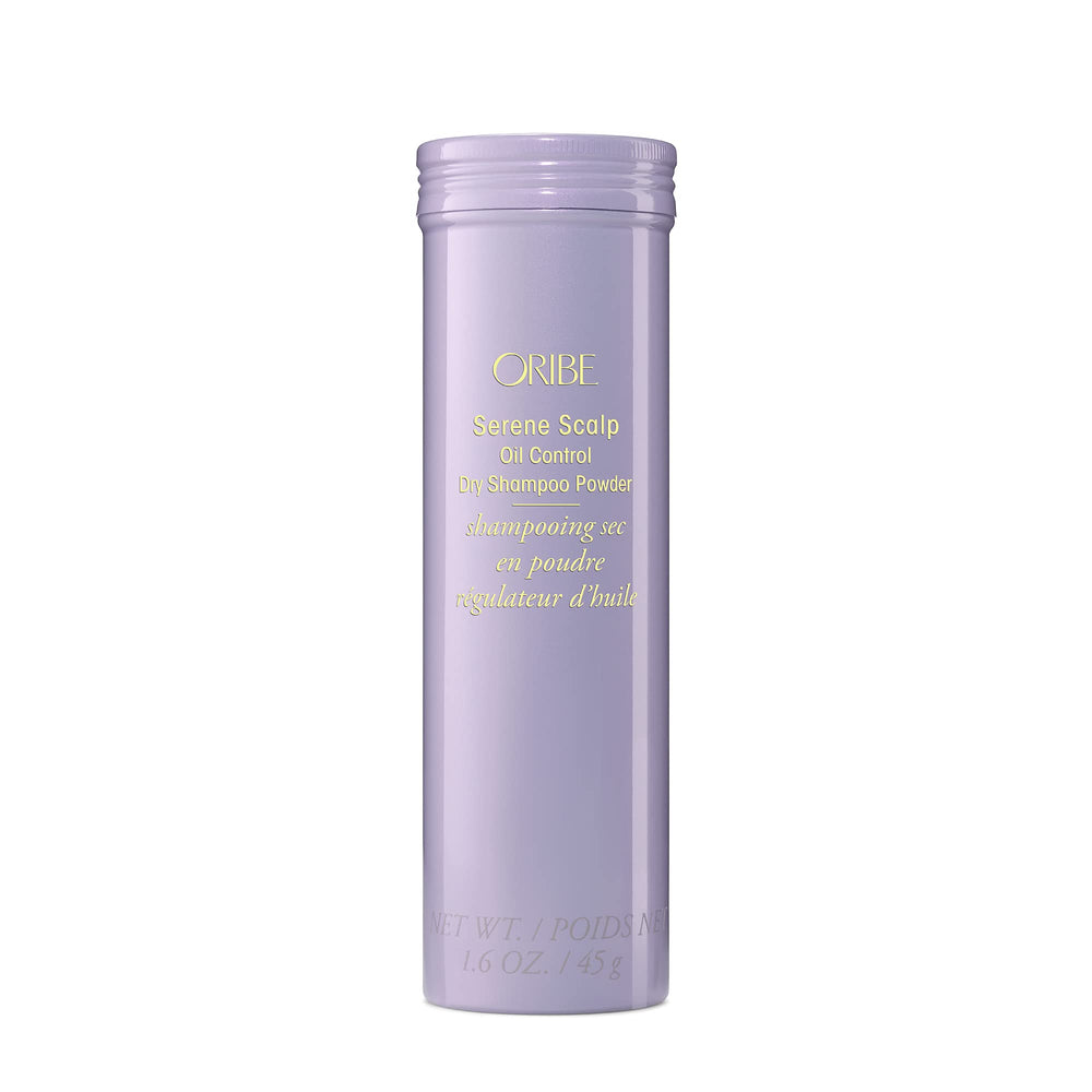Oribe Serene Scalp Dry Shampoo Powder bottle close-up showing oil absorption for fresh roots.