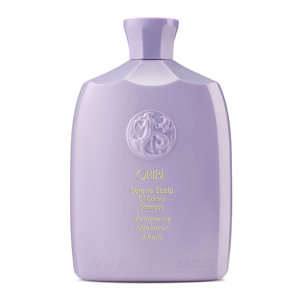 Oribe Serene Scalp Oil Control Shampoo bottle with lavender packaging for oil management.