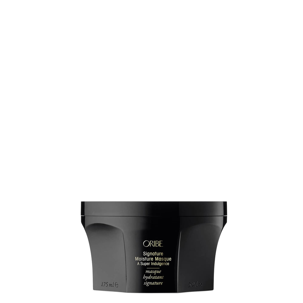 Oribe Signature Moisture Masque jar close-up highlights rich hydration for dry hair.