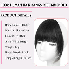 Origen clip-in bangs in jet black, side view showing natural fall and blend.