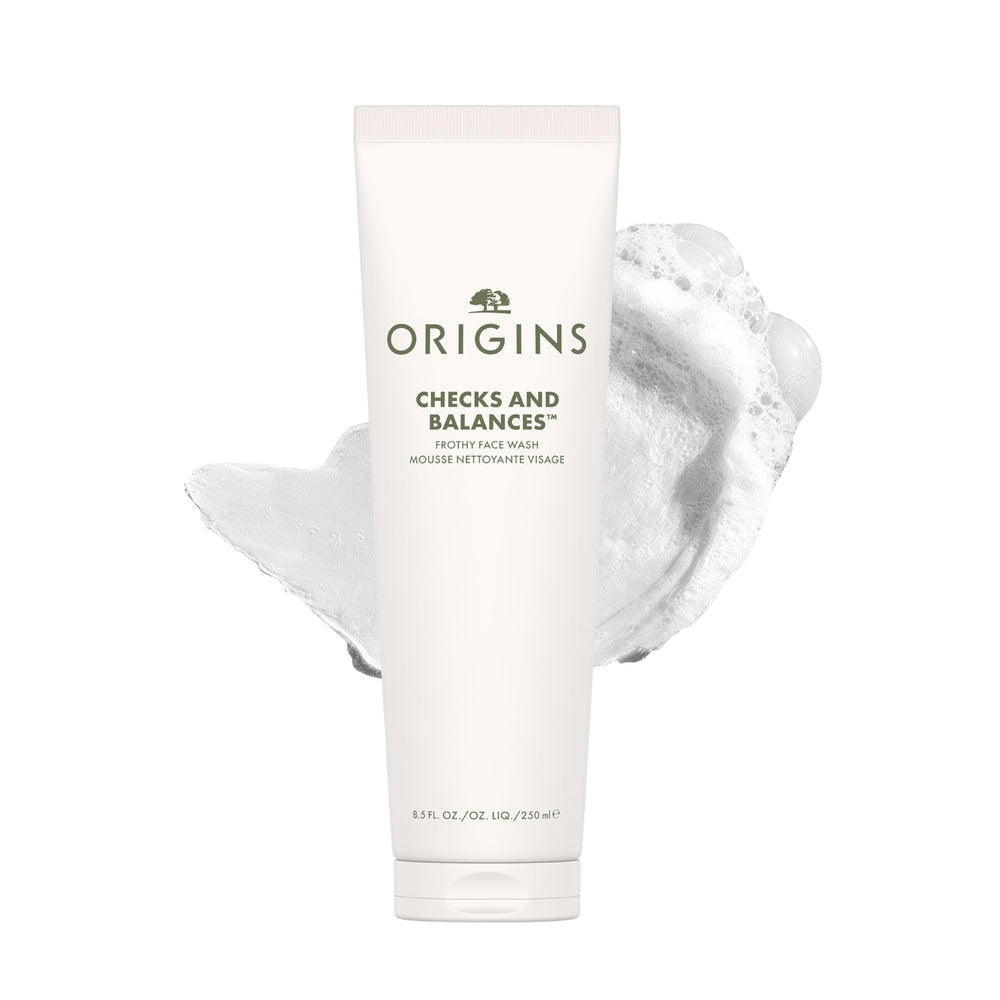 Origins Checks and Balances bottle with foaming cleanser for daily refreshing cleanse.