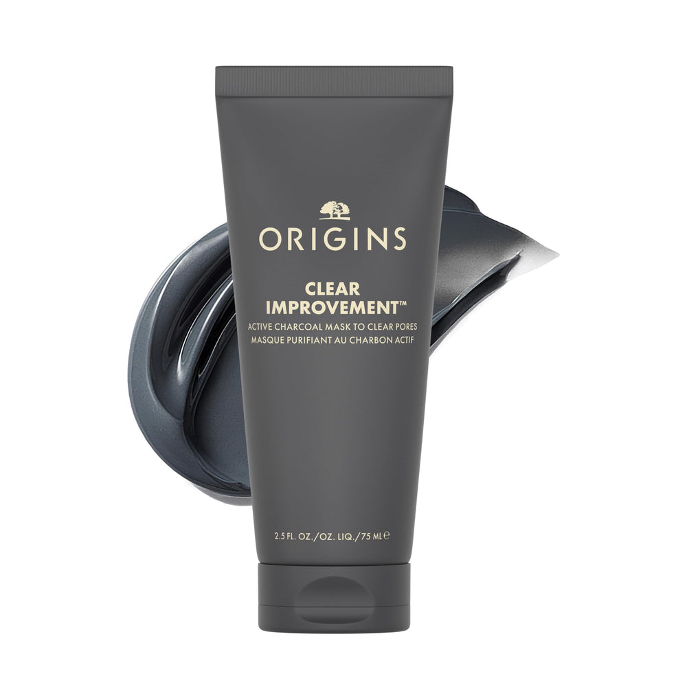 Origins Clear Improvement charcoal face mask jar shows deep pore cleansing.