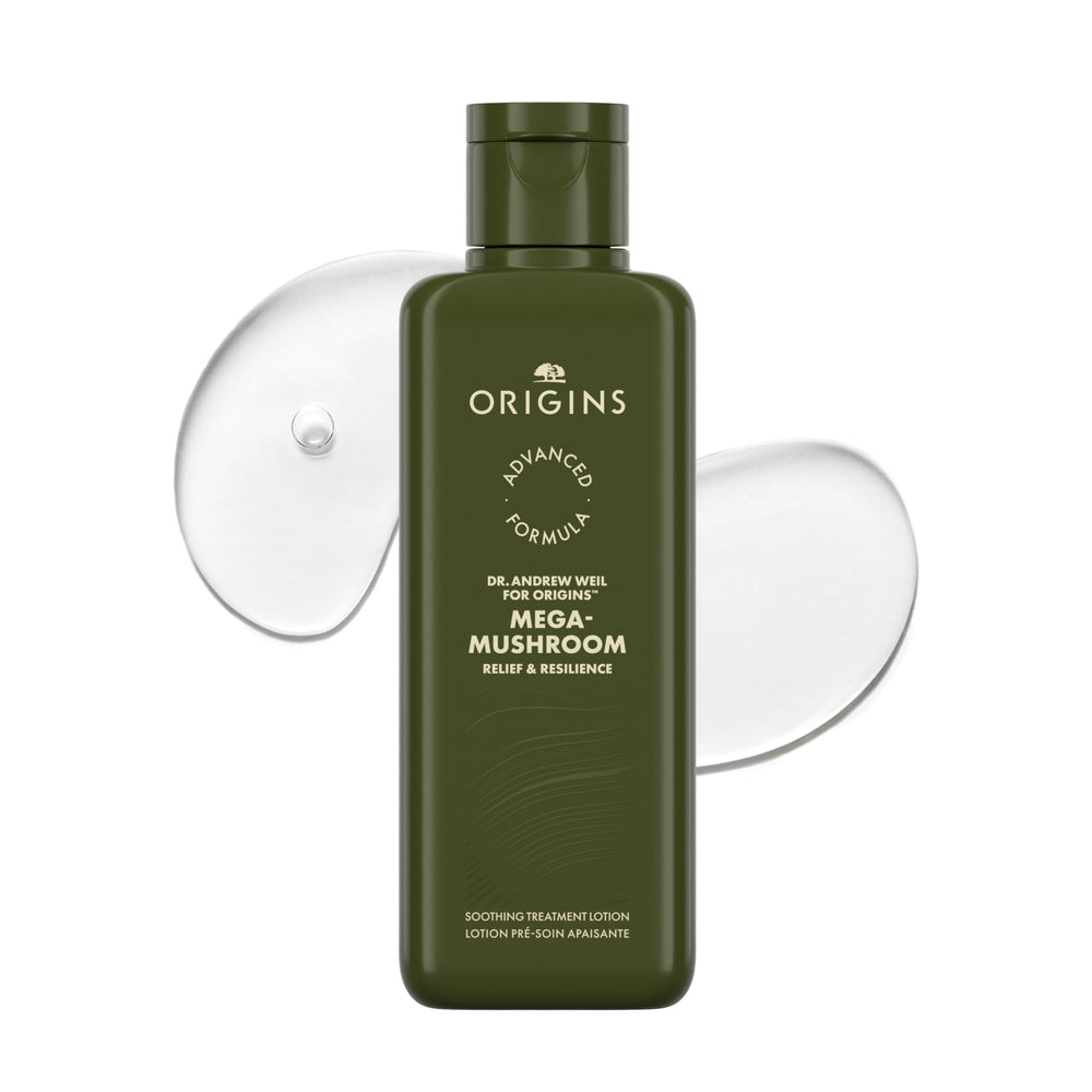 Origins Mega-Mushroom Relief bottle with pump, showing lightweight soothing hydration.