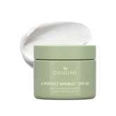 Origins A Perfect World moisturizer bottle front shows SPF 40 for daily protection.
