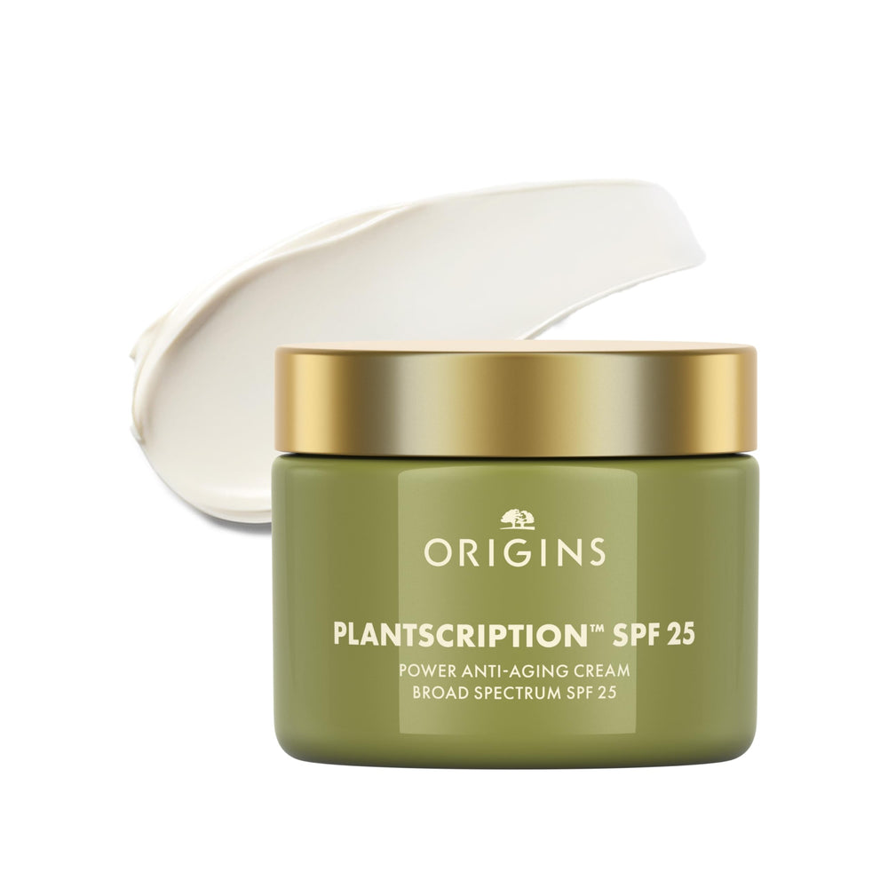 Origins Plantscription SPF 25 cream bottle showing daily anti-aging hydration benefits