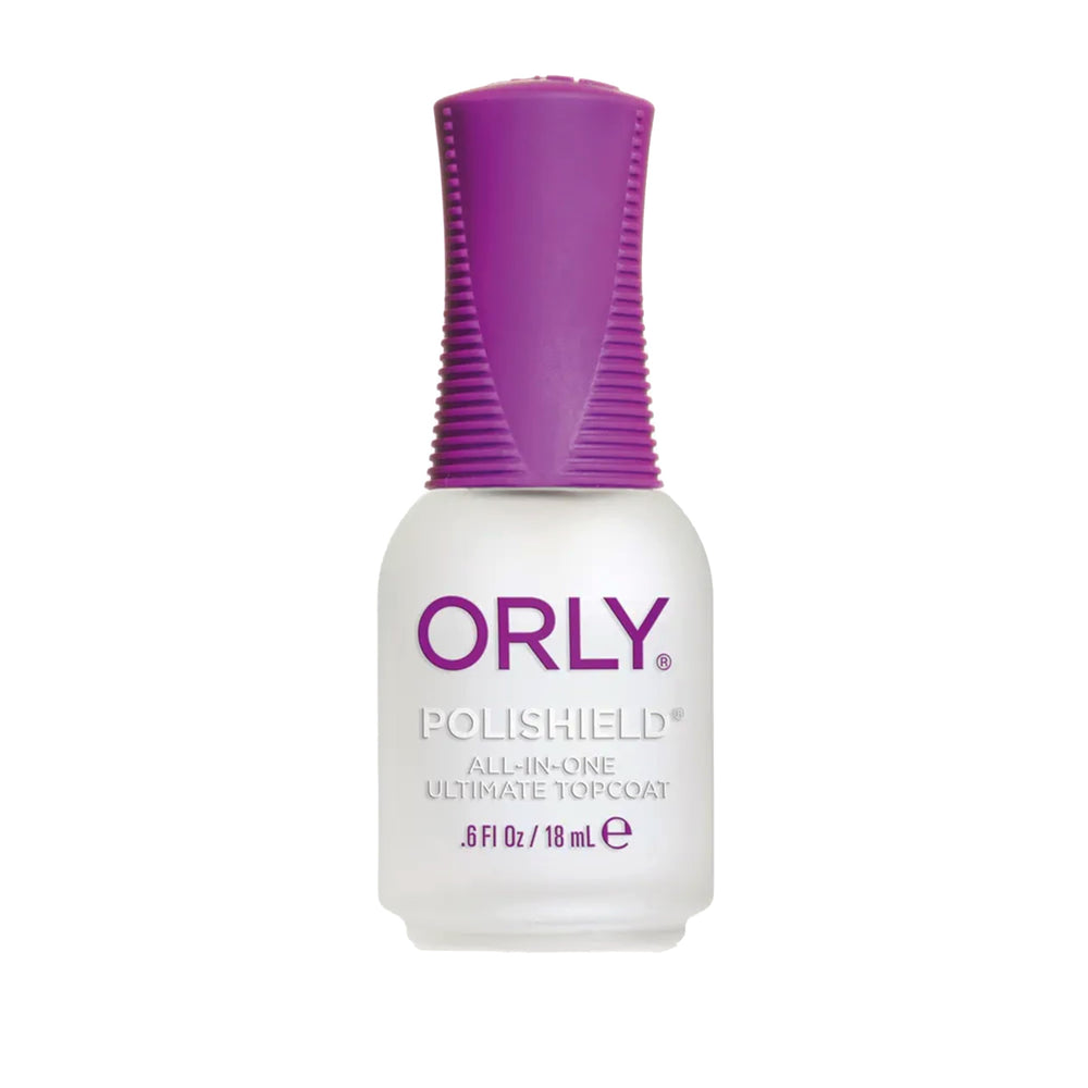 Orly Polishield bottle top coat highlights a glossy finish that lasts.