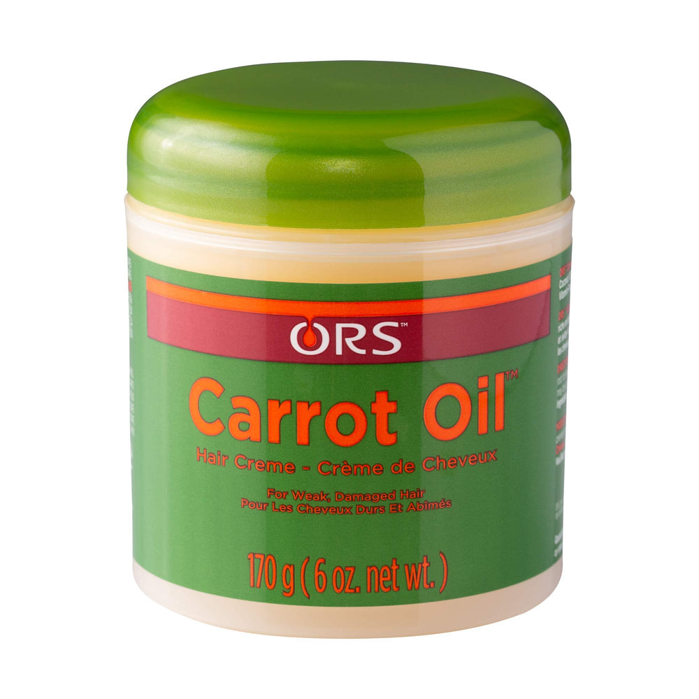 ORS Carrot Oil Hair Cream bottle shows a lightweight, mineral oil-free formula for damaged hair
