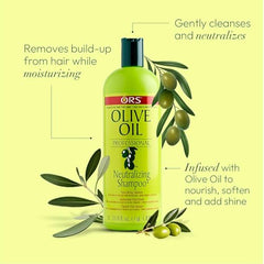 Etiqueta del champú ORS con aceite de oliva, información de uso y beneficios.