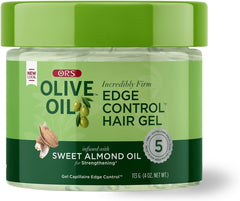 ORS Olive Oil Edge Control jar demonstrates smooth edges and moisturized hair.