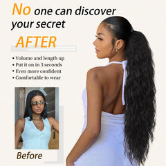 ORSUNCER ponytail extension worn over bun demonstrates quick one-step installation.