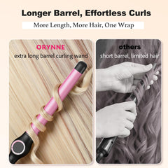 ORYNNE argan oil infused ceramic barrel for smoother, shinier curls.