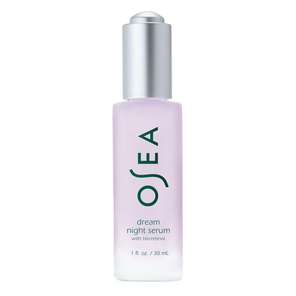 OSEA Dream Night Serum bottle on a white surface for a soothing nighttime routine.