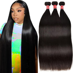 Oshiney straight bundles 26-30in closeup show silky Brazilian virgin hair.