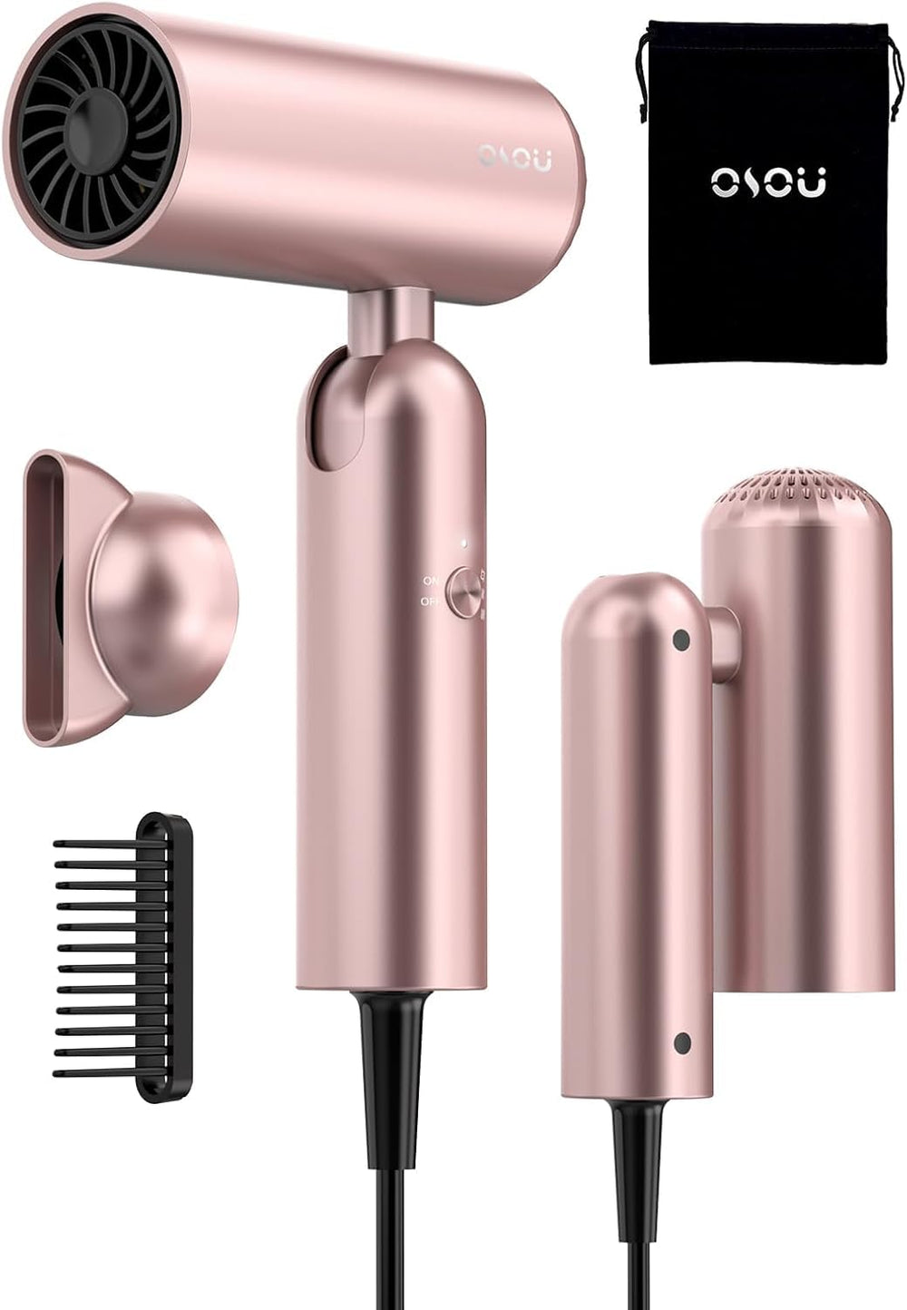 Osou travel hair dryer foldable handle, ultra-portable for easy packing.