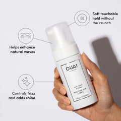 OUAI Air Dry Foam applied to damp hair for quick, beachy waves.
